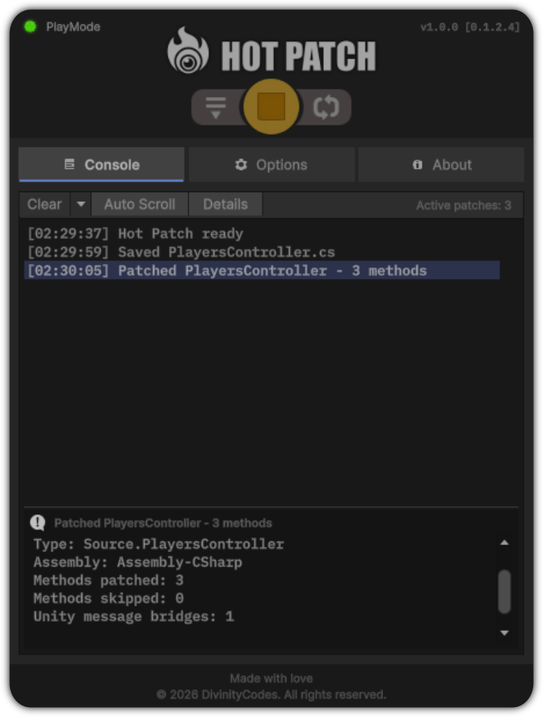 Hot Patch Unity Editor window